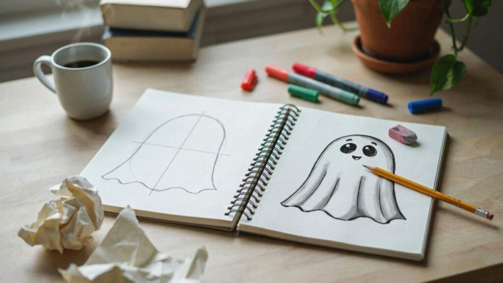 Cute Ghost Drawing: Easy Step-by-Step Guide for Beginners Step-by-step cute ghost drawing sketch in a beginner art tutorial on a desk
