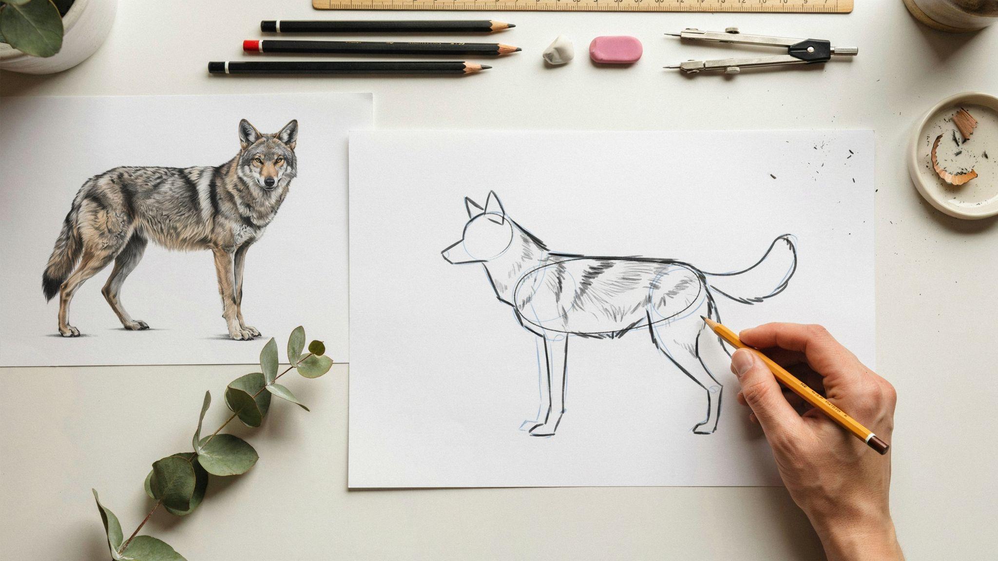 Coyote anatomy simplified into basic shapes to help beginners start drawing accurately.