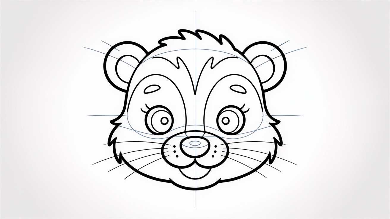 Cute skunk face drawing with clear features, white stripes, and simple tutorial-style outlines.