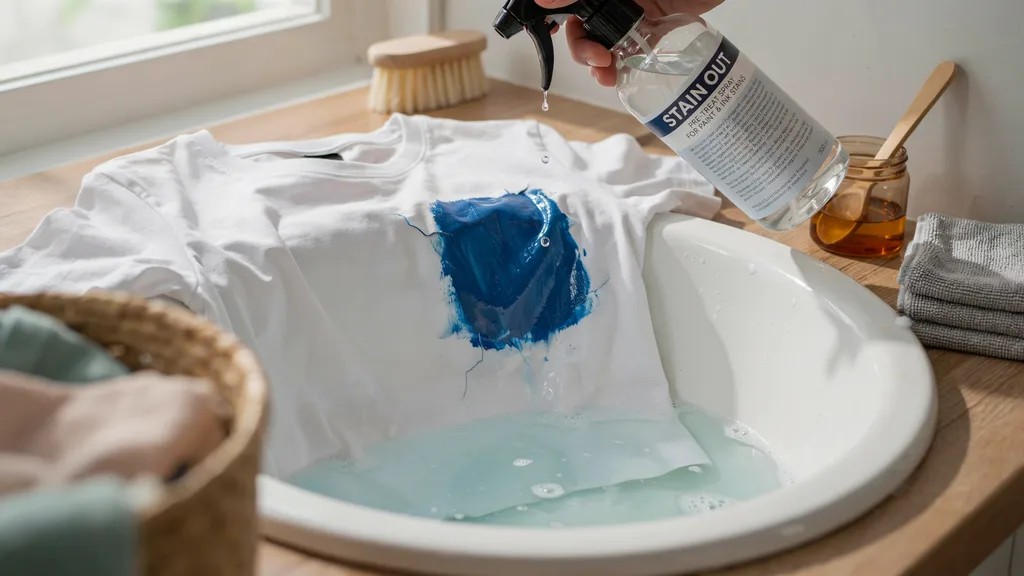 Dried acrylic paint stain on fabric being treated with stain remover and soaking methods.