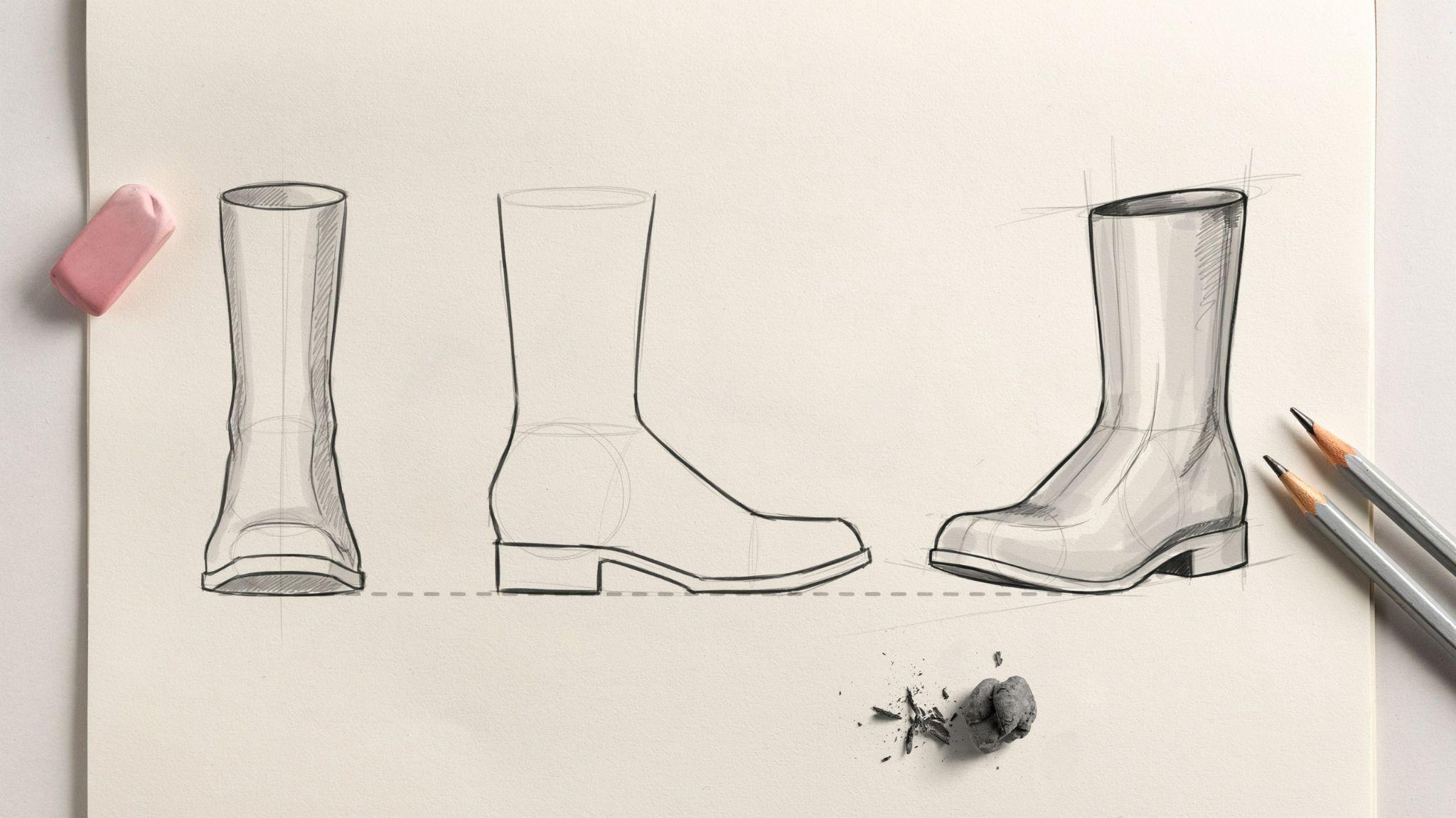 Three stage boots drawing tutorial showing front, side, and 3/4 view with pencils and eraser.