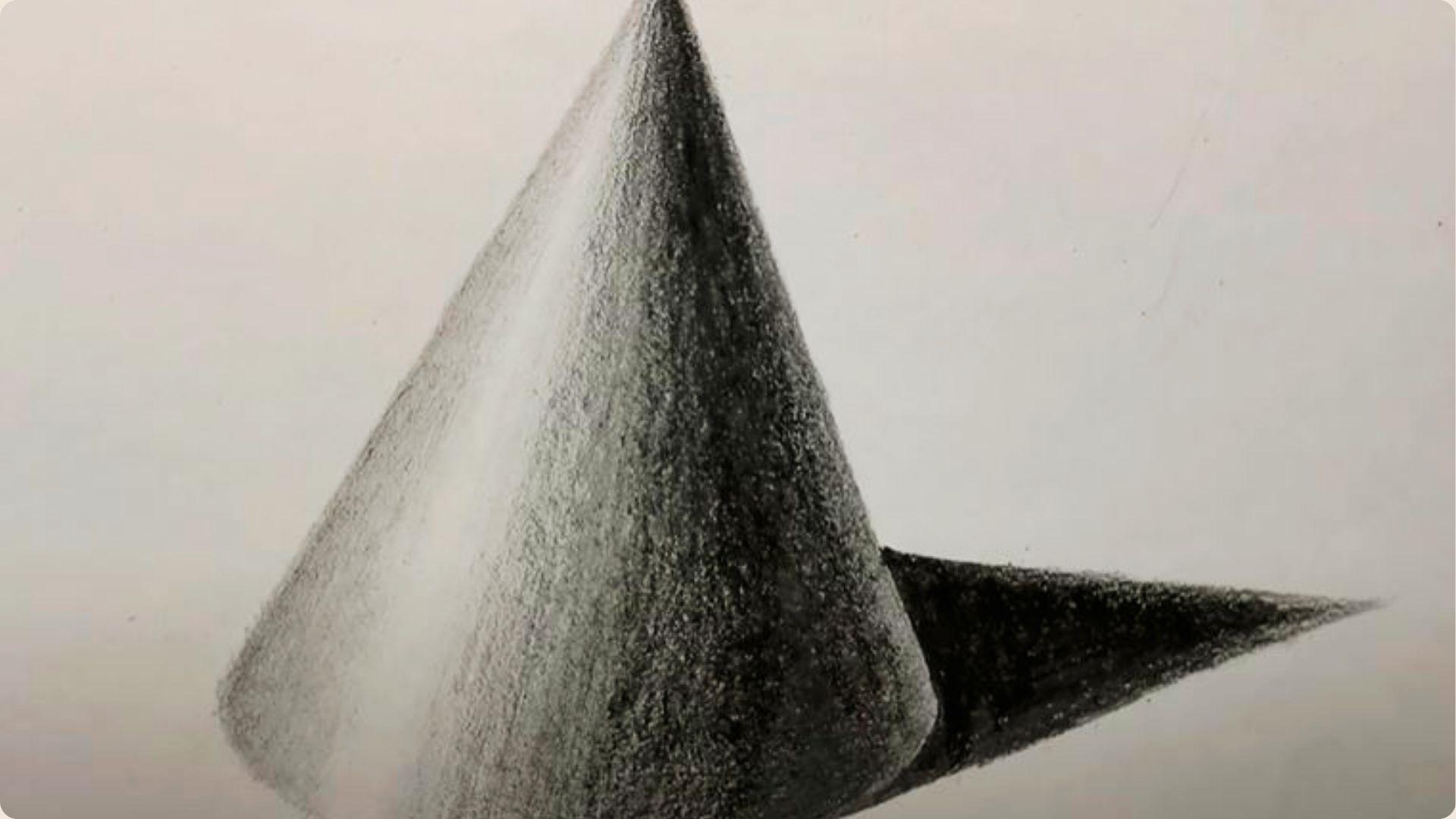 Pencil sketch of a 3D cone with smooth gradient shading on the curved surface.