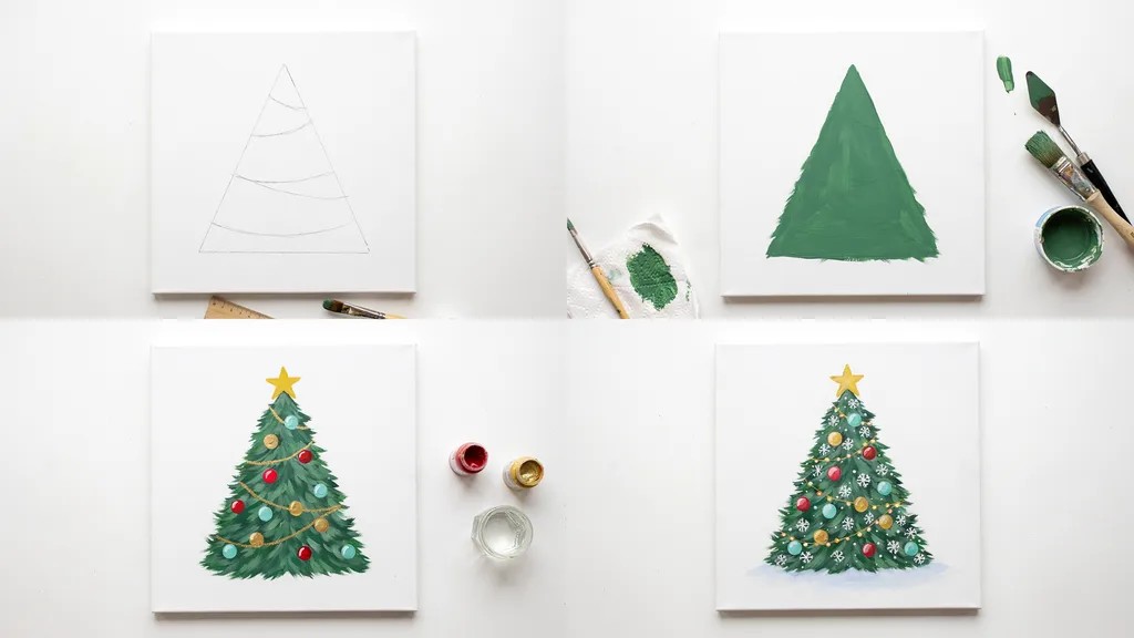 A four-step collage showing the progression of painting a Christmas tree from a simple triangle to a fully decorated festive tree with ornaments and snow.
