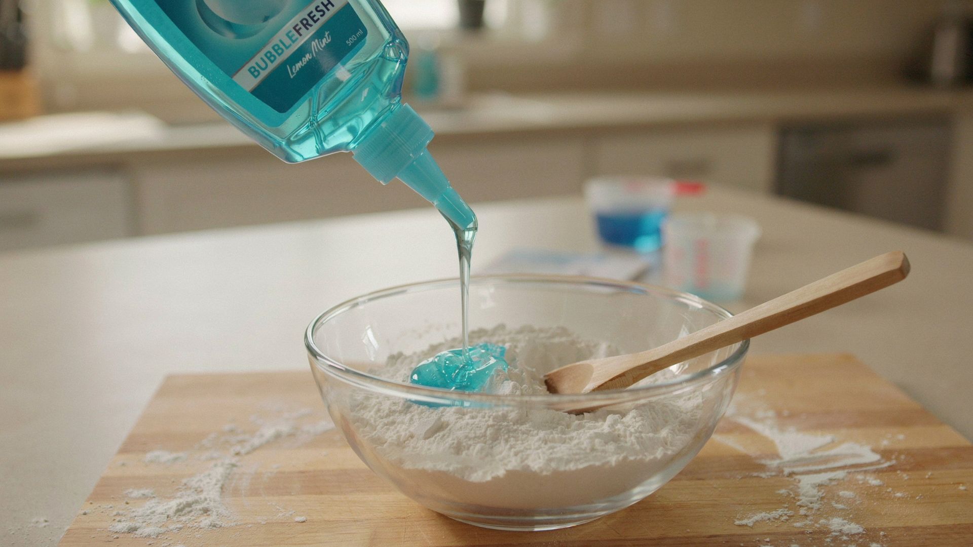 Dish soap being added to cornstarch to begin making homemade glue-free slime.