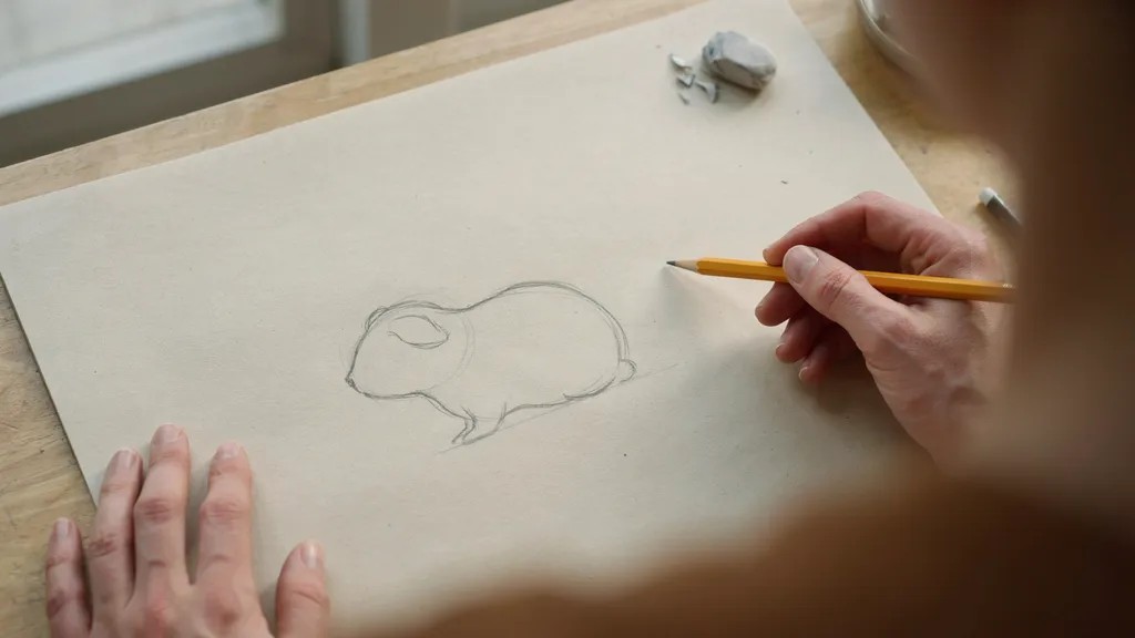 beginner sketching two overlapping oval shapes for guinea pig body and head using light pencil strokes, creating basic structure for accurate drawing foundation.