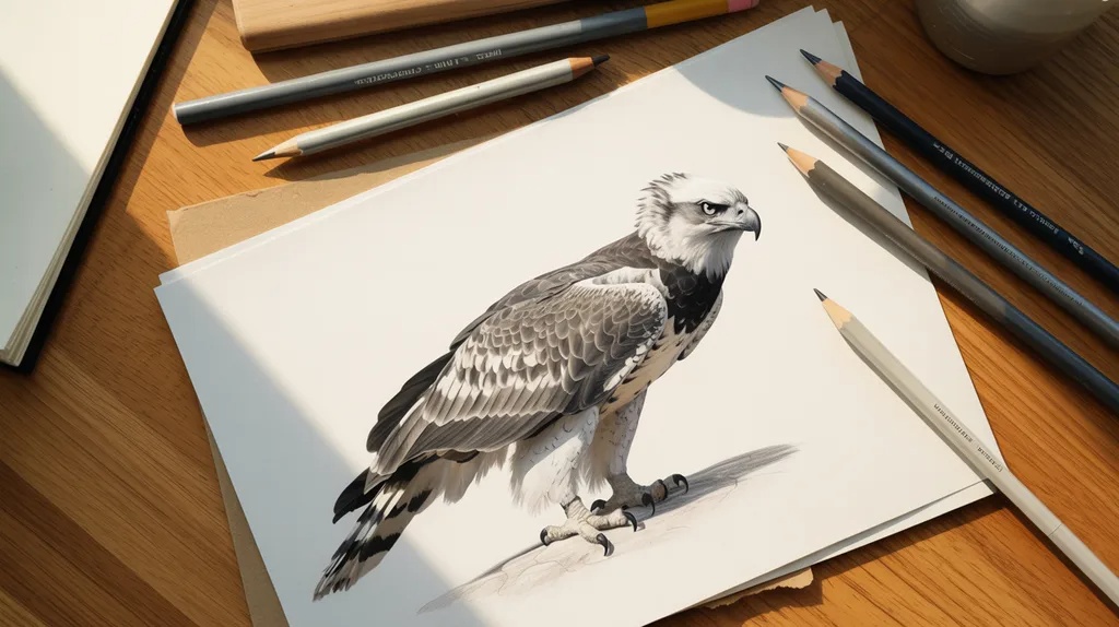 Completed harpy eagle drawing with realistic shading and natural colors.
