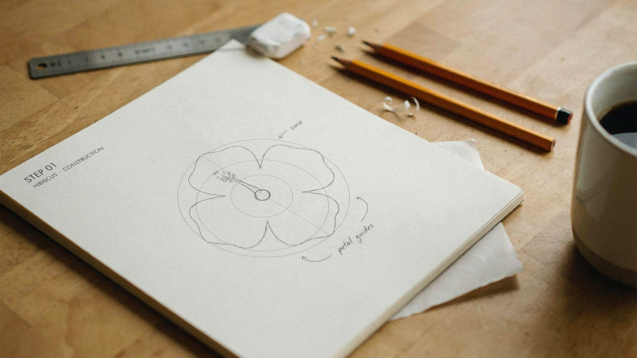 Close-up of shaded hibiscus bud and bloom sketch with pencil guide circles on textured paper