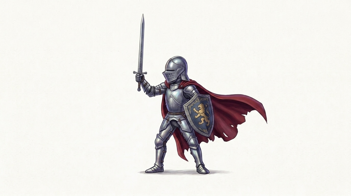 A finished colored knight drawing with armor, cape, sword, and shield.
