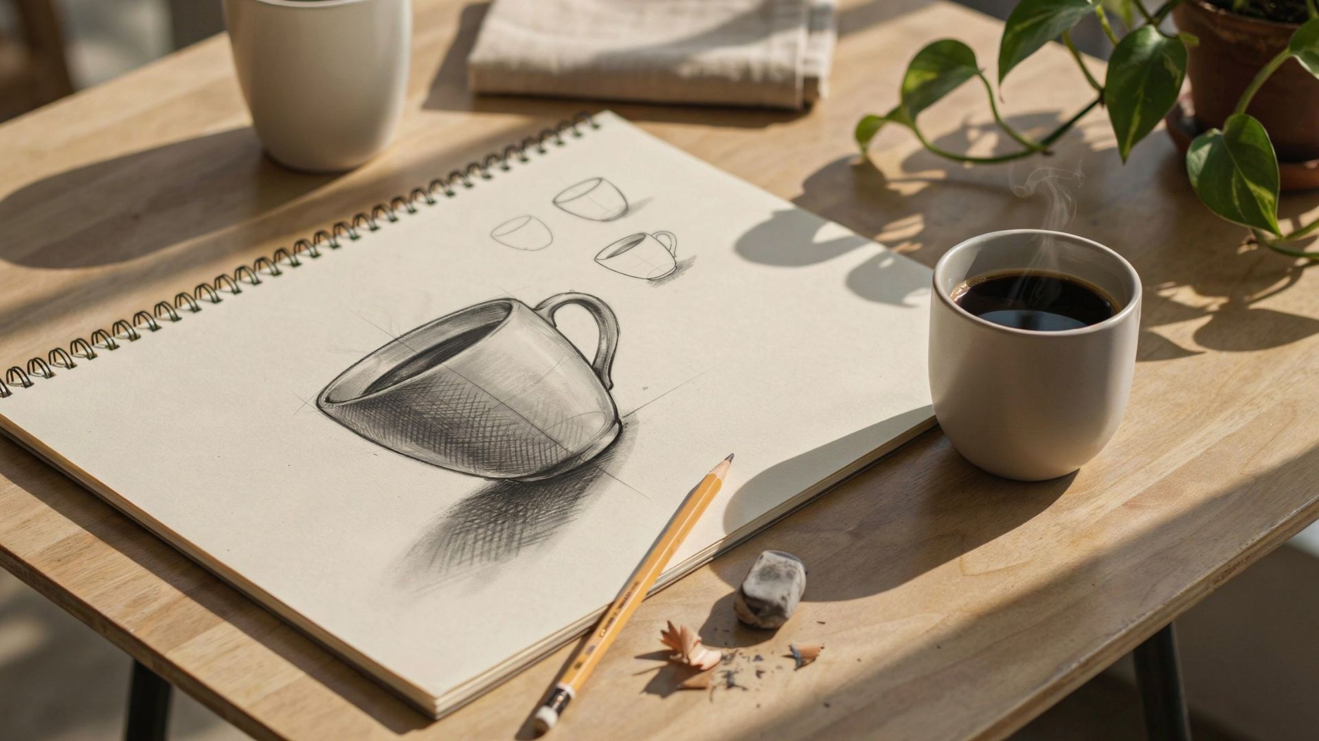 Coffee cup drawing practice showing a sketch beside a real mug to learn proportions, shading, and perspective.