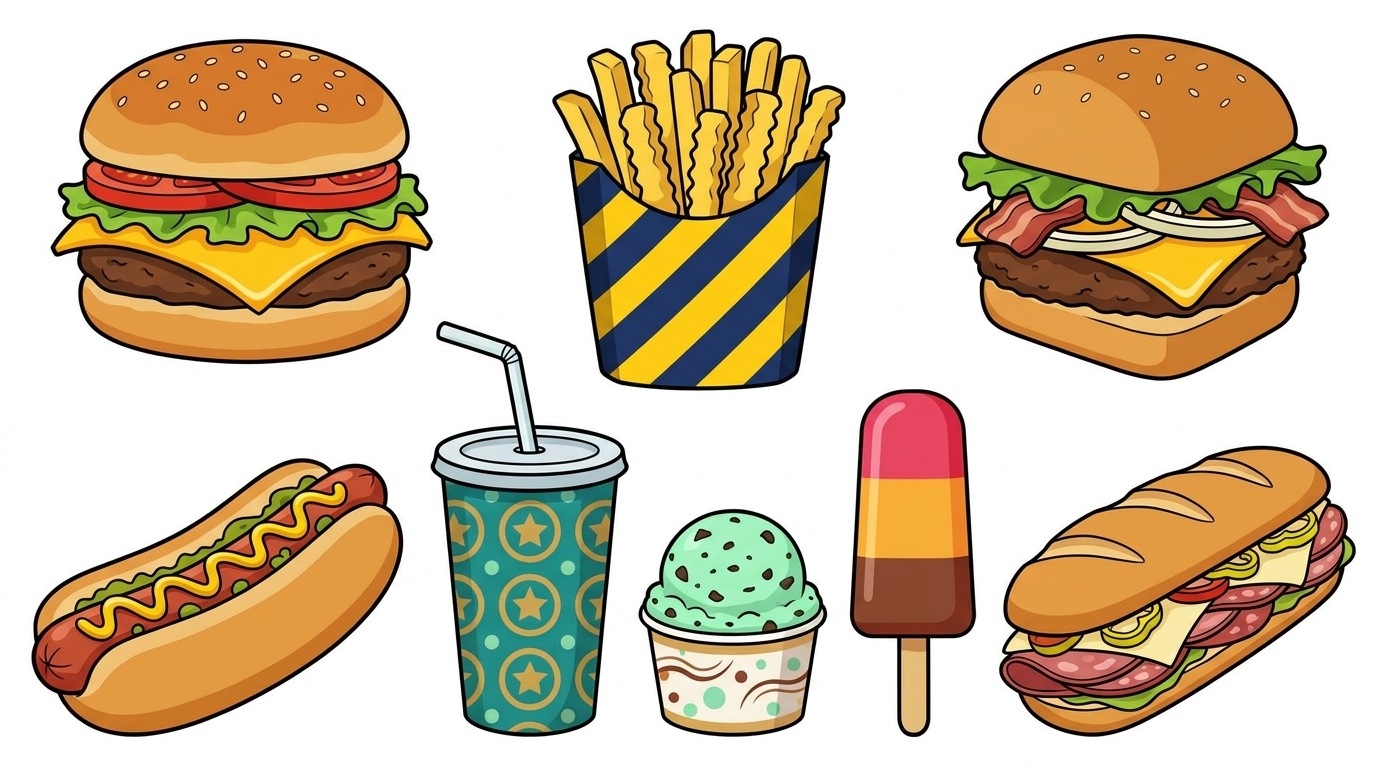 Burger, Fries, Pizza, and Hotdog Sketch.