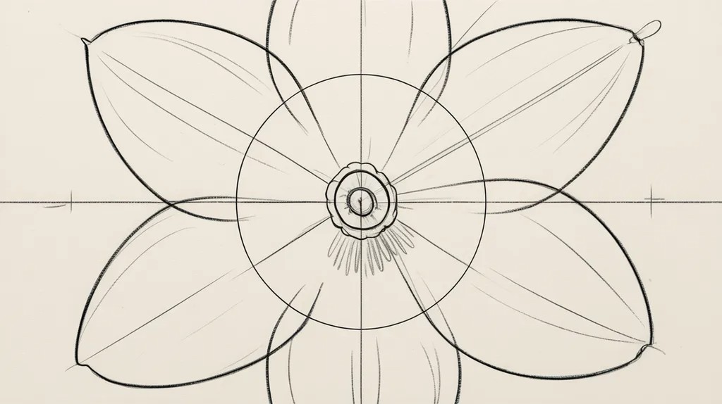 Oval center shape being drawn inside a daffodil guideline sketch.