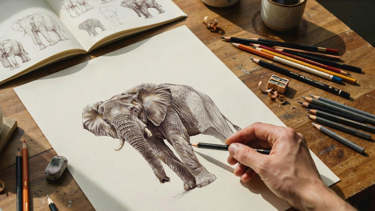 Finished elephant drawing with shading and color.