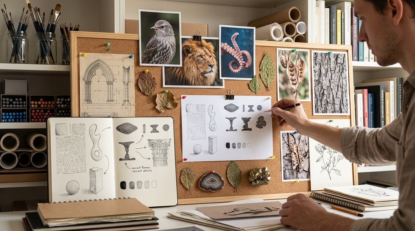 Artist building a visual library with sketches and reference photos.