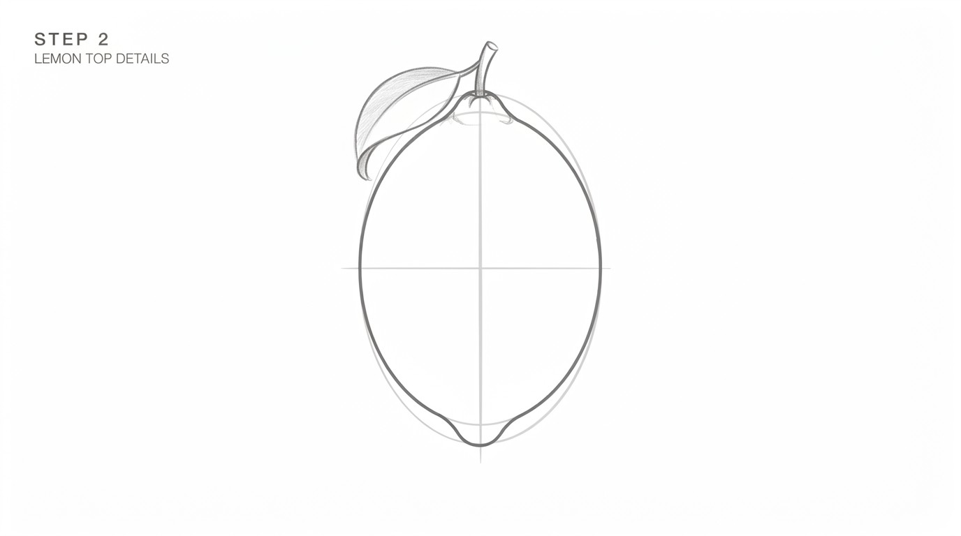 A lemon drawing with a small stem and leaf added on top.