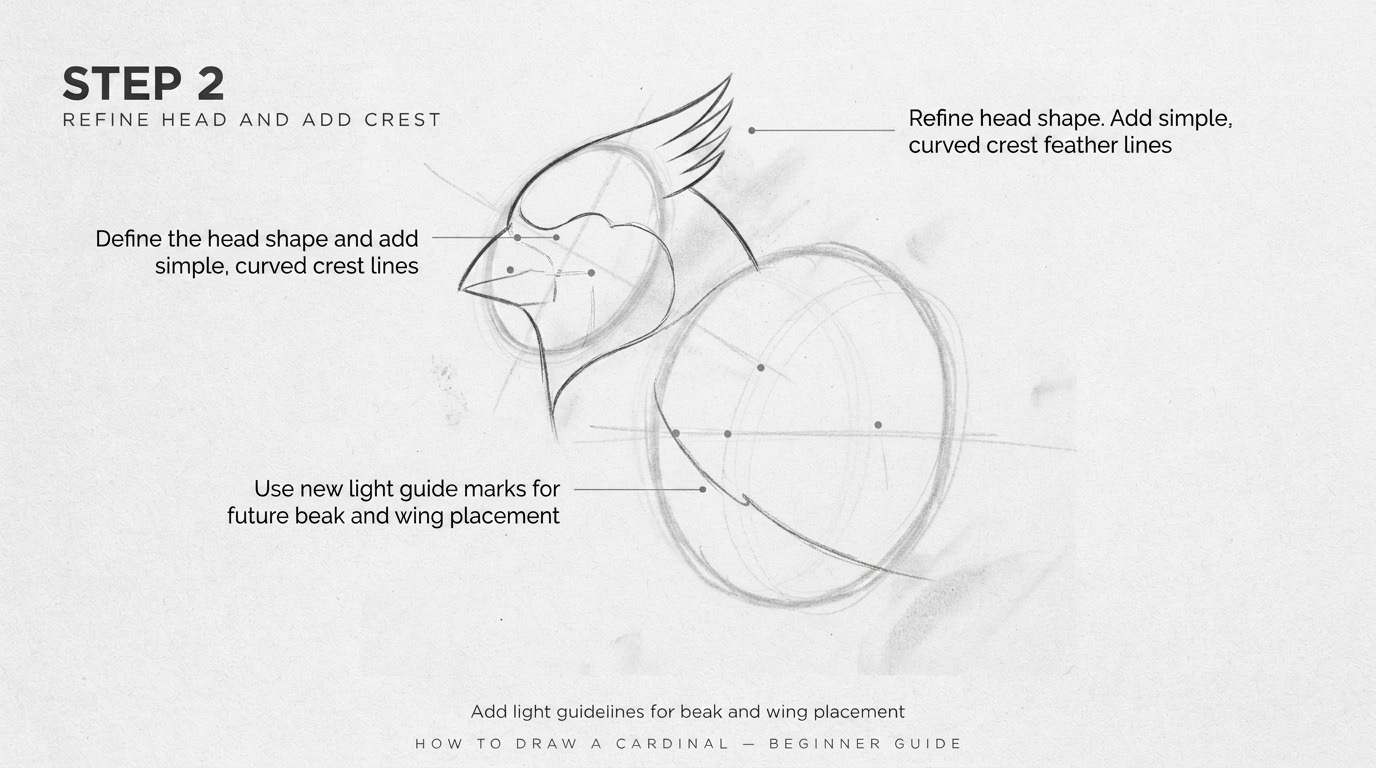 A cardinal sketch with refined head shape and pointed crest added.