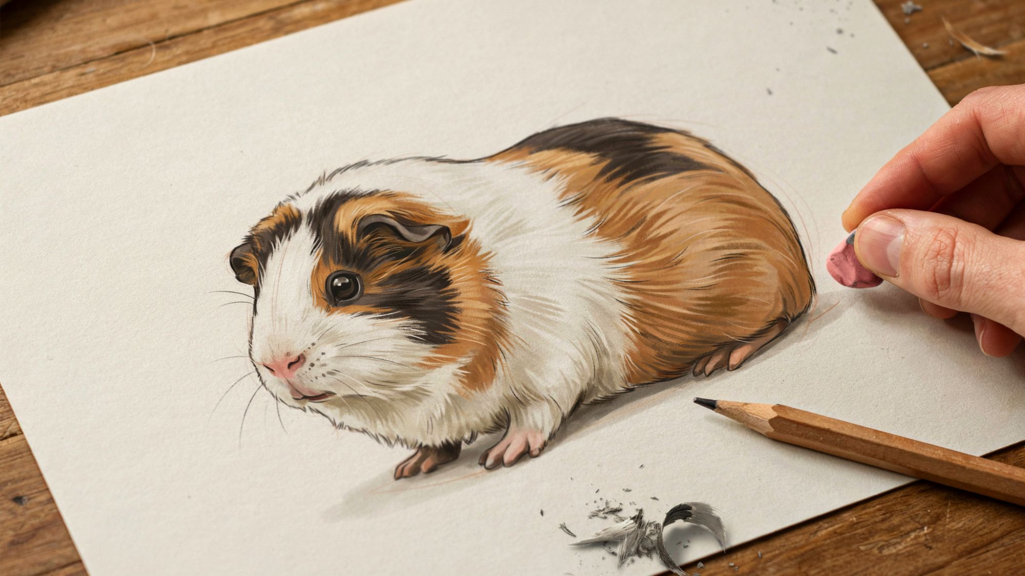 final guinea pig drawing with soft shading under chin and body, clean lines after erasing guidelines, showing completed artwork with depth and realistic finish.