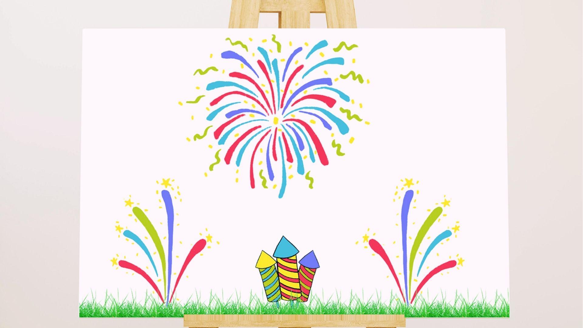 Canvas on easel shows finished colorful fireworks with rockets on grass for drawing tutorial