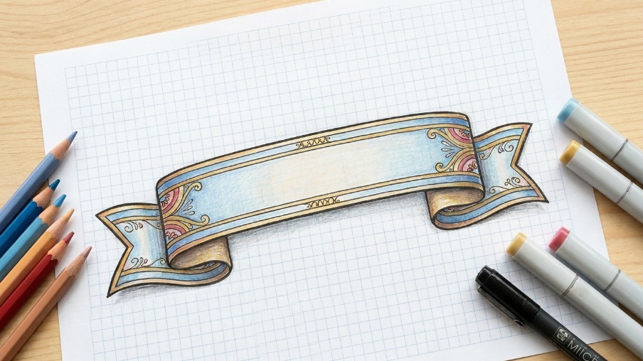 Completed banner drawing with outlines, colors, and decorative details applied.