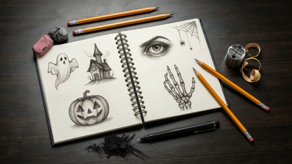 Scary Drawings: Easy Ideas for Beginners Open sketchbook displaying easy scary drawings for beginners, including a ghost, haunted house, creepy eye, skeleton hand, and spider web with drawing tools nearby.