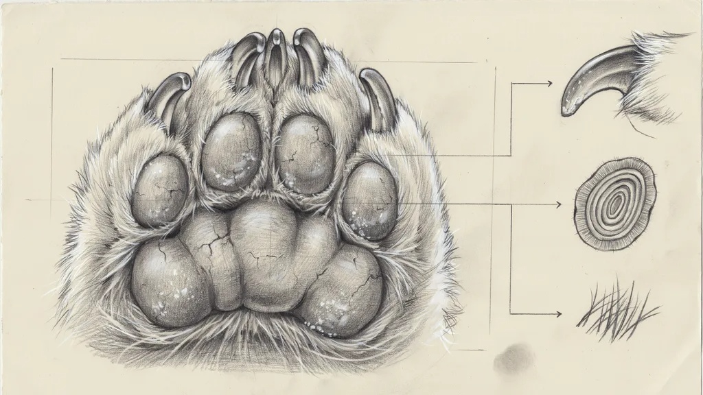 Detailed polar bear paw anatomy drawing.