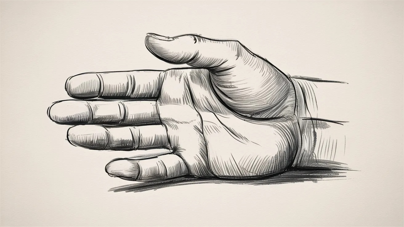 Renaissance hand study showing open palm with structured anatomy, fine shading, and detailed texture in classical drawing style.