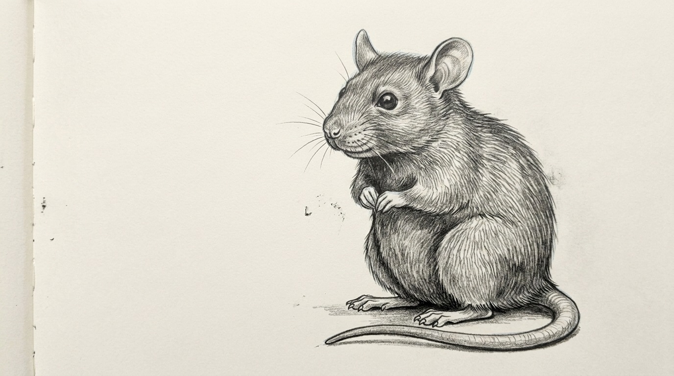 Final rat drawing with added fur details, shading, and clean finishing touches.