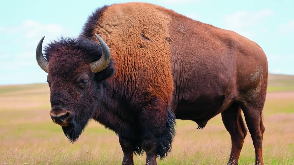 Realistic bison with shaggy fur and large shoulder hump standing in grassland.
