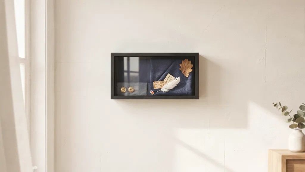 Finished shadow box displayed on a wall.