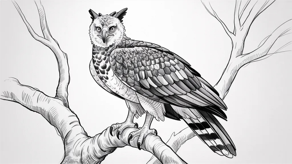 Harpy Eagle Drawing Guide for Beginners Detailed pencil drawing of a harpy eagle perched on a branch with shading.