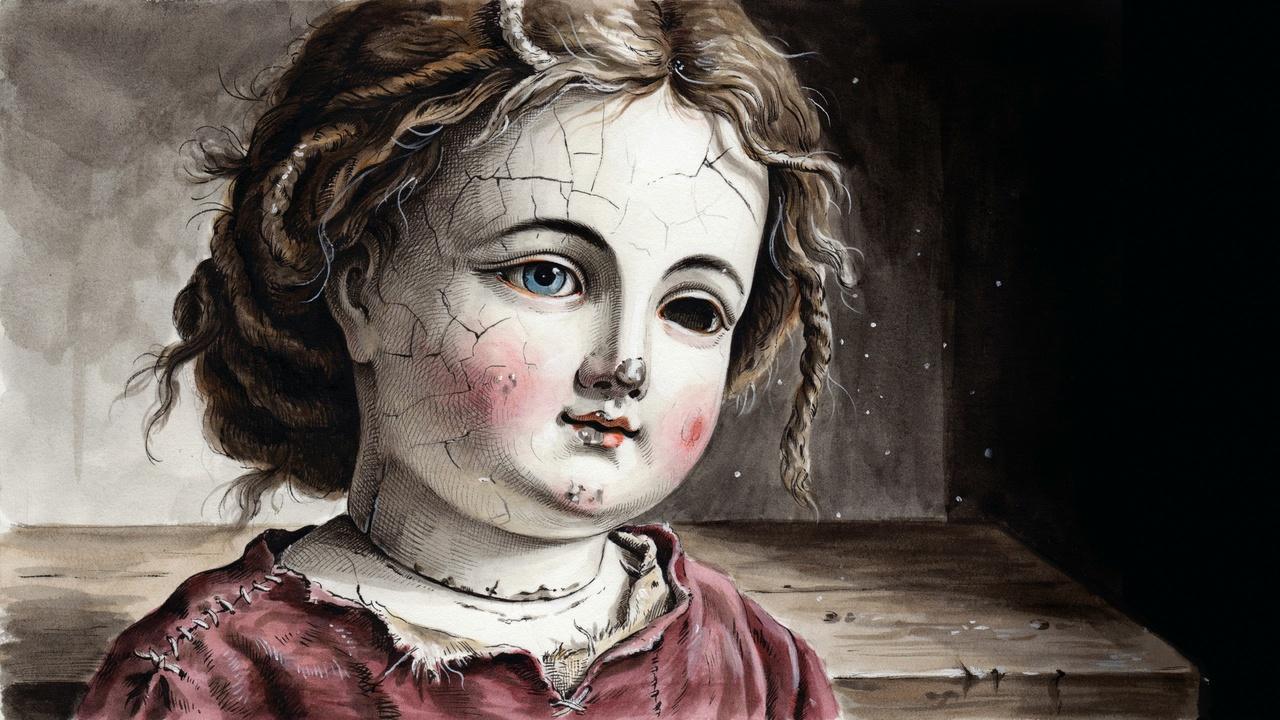 Creepy doll drawing with cracked porcelain skin, uneven eyes, worn clothing, and dark shadows around the face.