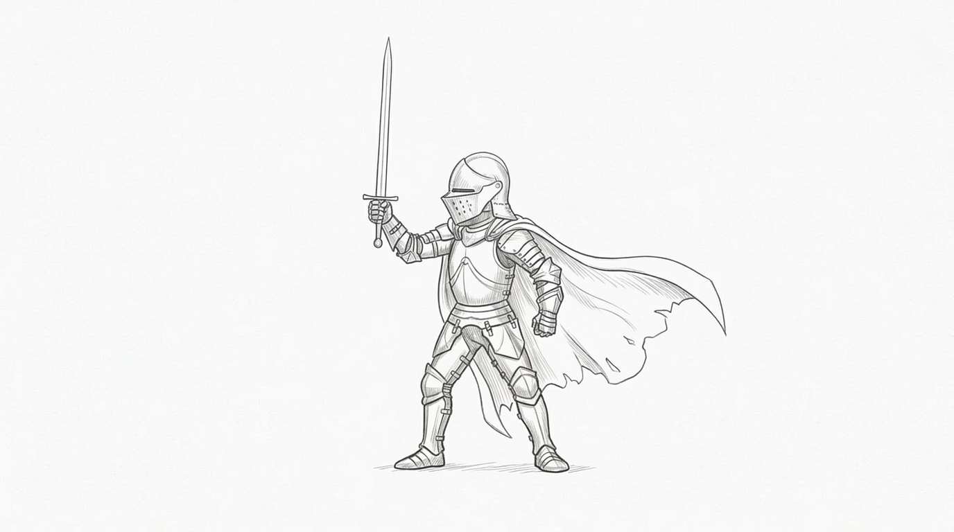 A refined knight sketch with clean outlines and added armor details.
