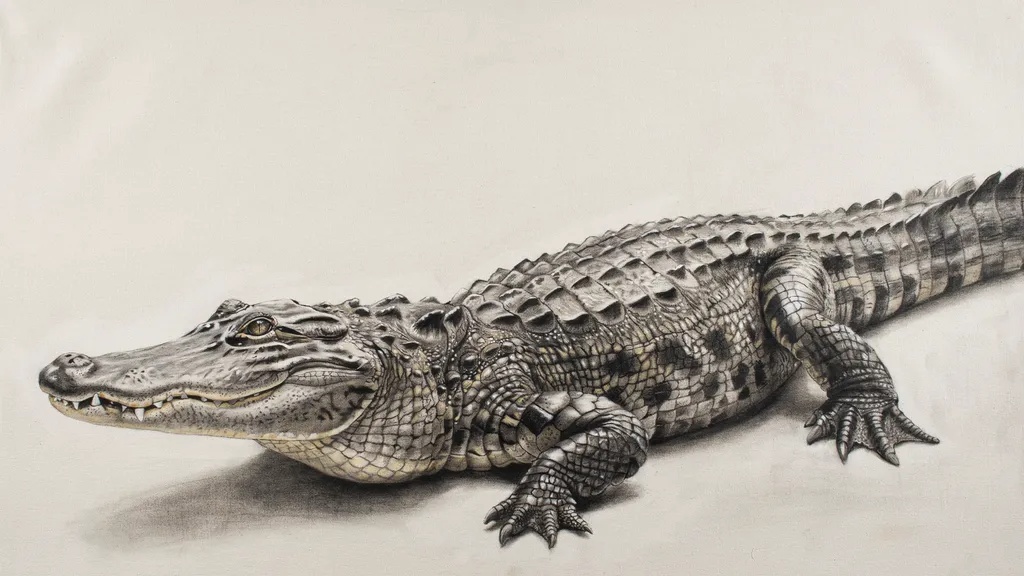 Realistic pencil drawing of an alligator with detailed scales and shading.