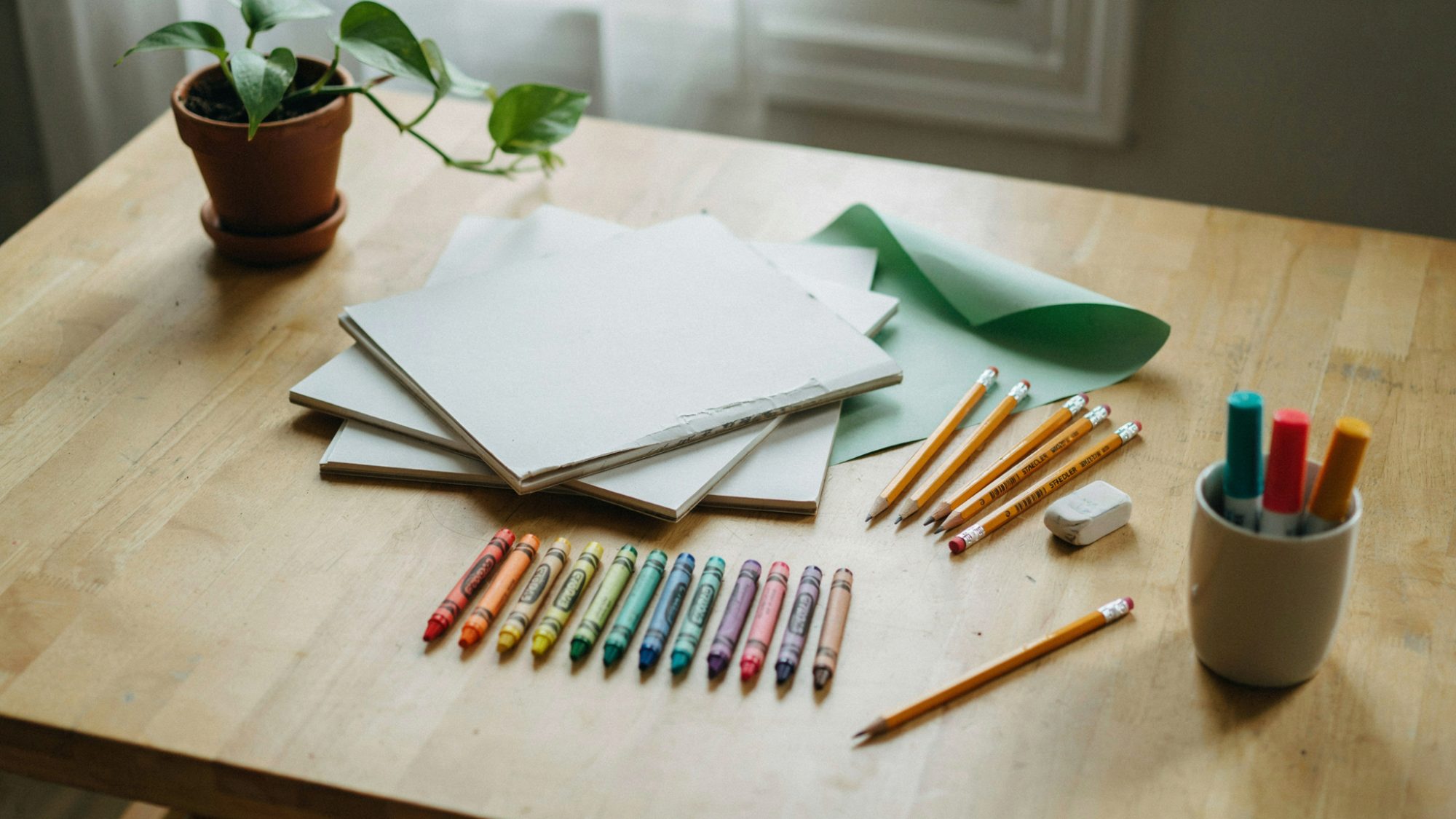 simple drawing materials including pencil, eraser, paper, crayons, and markers placed on table, showing essential supplies needed for kids drawing activity.