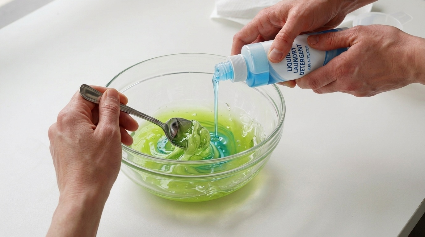 Liquid laundry detergent being slowly poured into colored glue while the mixture is stirred in a bowl.