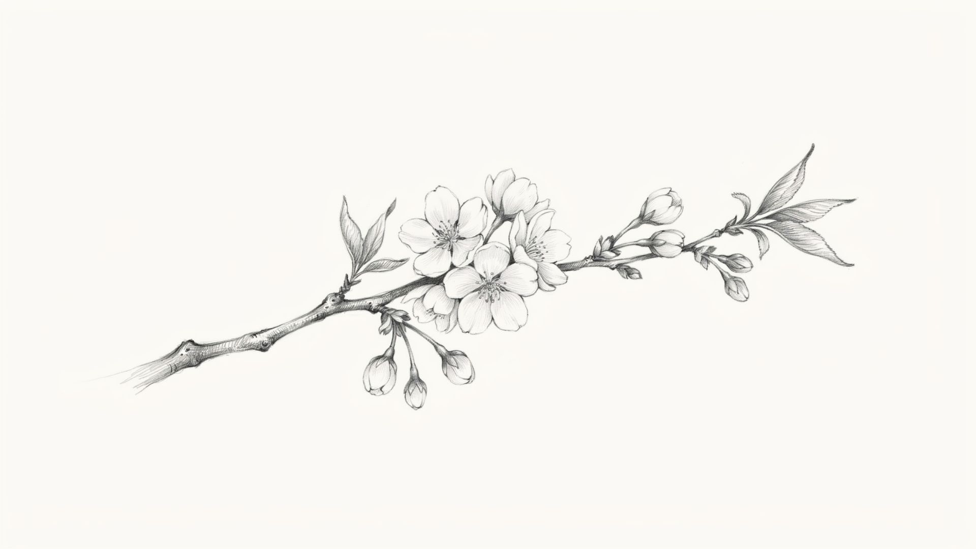 Finished cherry blossom branch drawing with flowers, buds, and leaves.