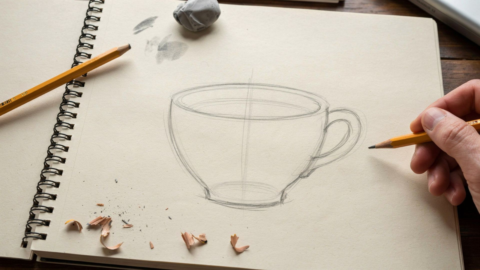 Basic coffee cup outline created with light pencil guidelines.
