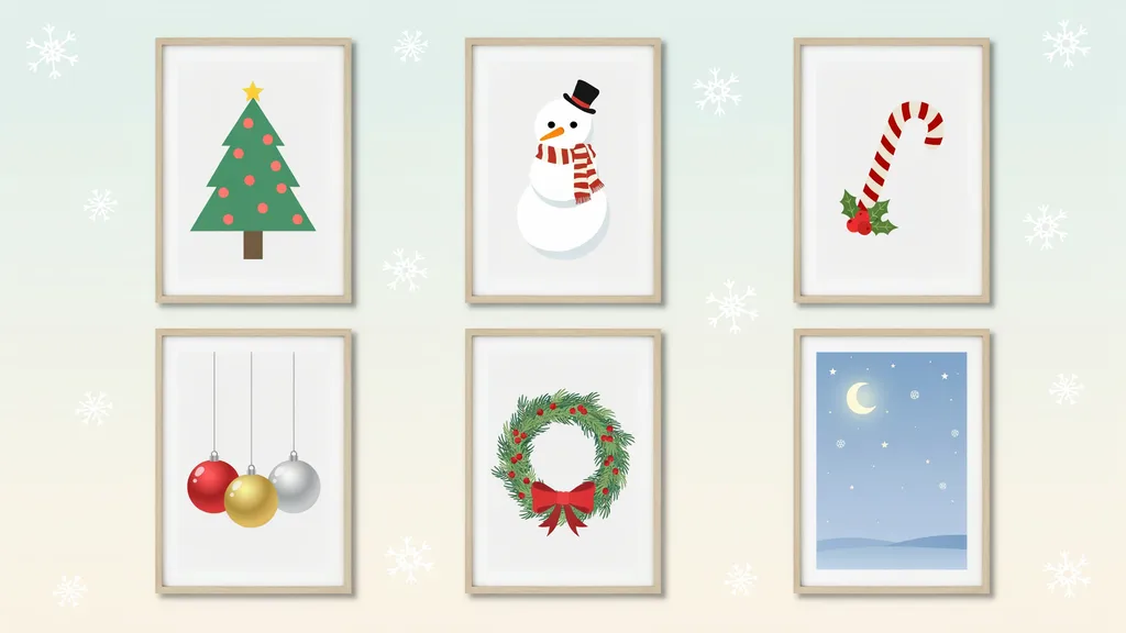 A neat grid-style collage of beginner Christmas paintings including a tree, snowman, candy cane, wreath, ornaments, and a winter night sky arranged in a clean tutorial layout.