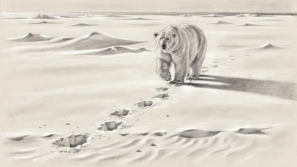 Walking polar bear drawn in graphite pencil.