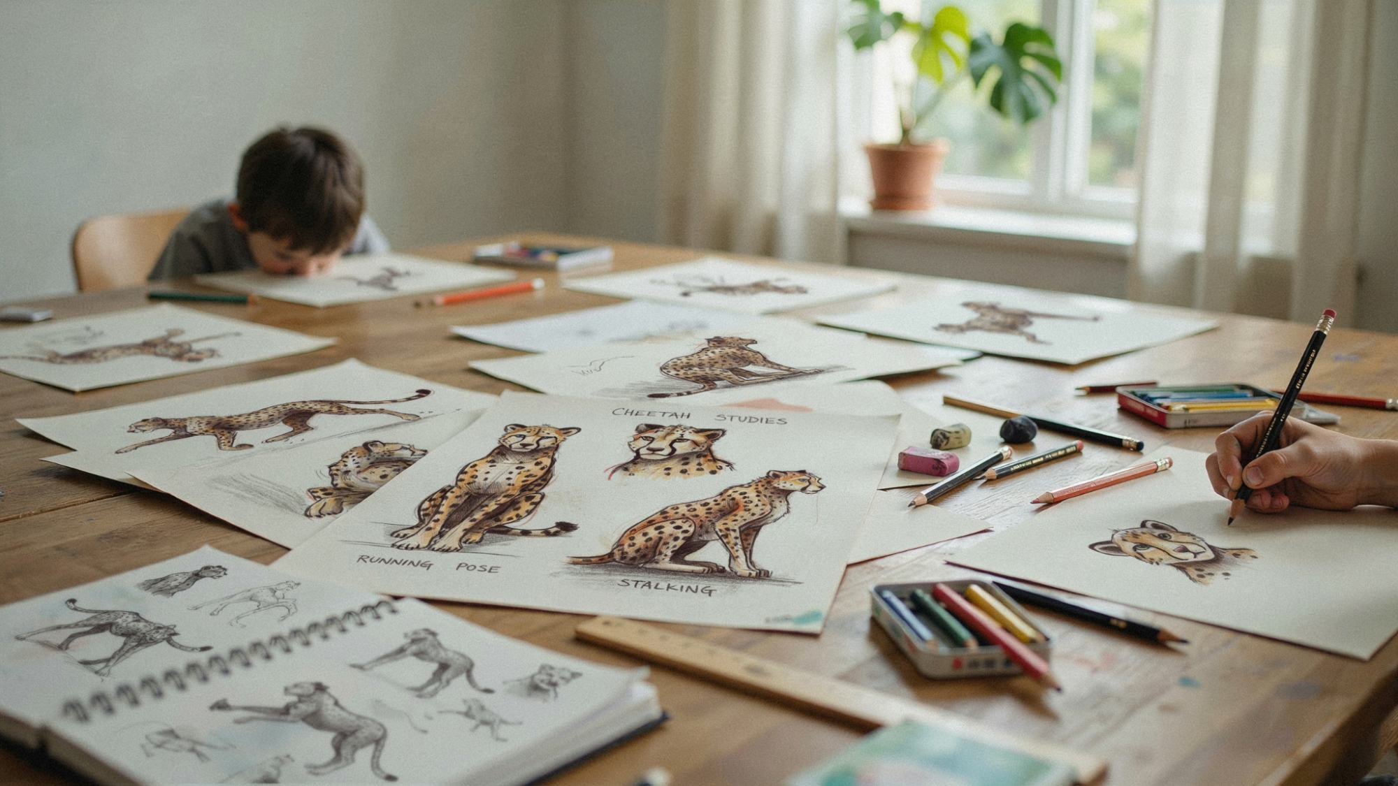 kids practicing different cheetah drawings on paper showing various poses and styles, helping improve drawing skills through repeated creative practice sessions.