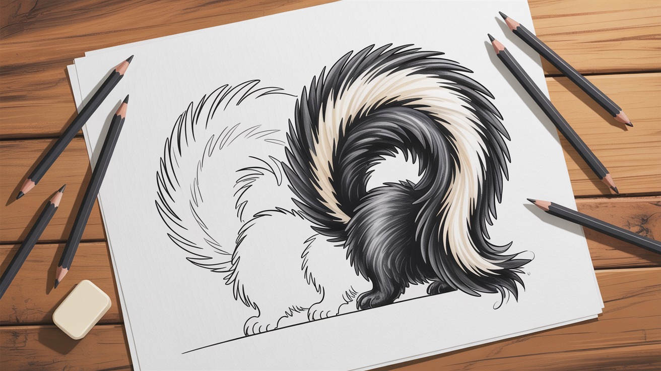 Fluffy skunk tail drawing with a bold stripe, showing sketch details and fur texture.