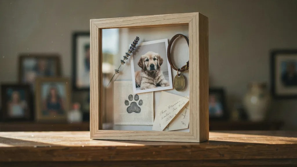 Pet memorial shadow box with photo and paw print.