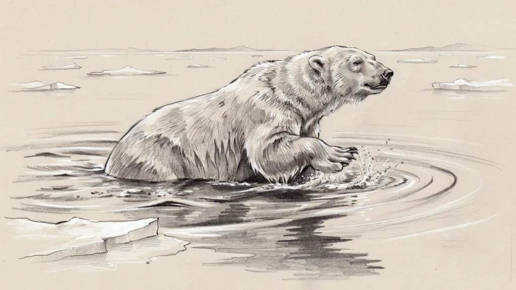Underwater polar bear diving pencil drawing.