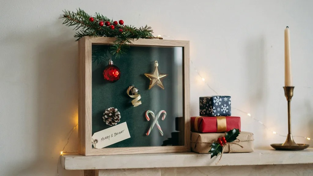 Christmas shadow box with ornaments and gifts.