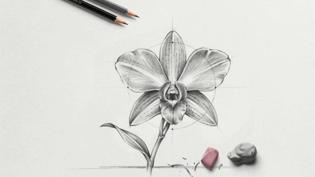 Orchid Flower Drawing: Step-by-Step Beginner Guide Step-by-step orchid flower pencil drawing on white paper showing guideline shapes, detailed petals, stem, and realistic shading with drawing tools nearby.