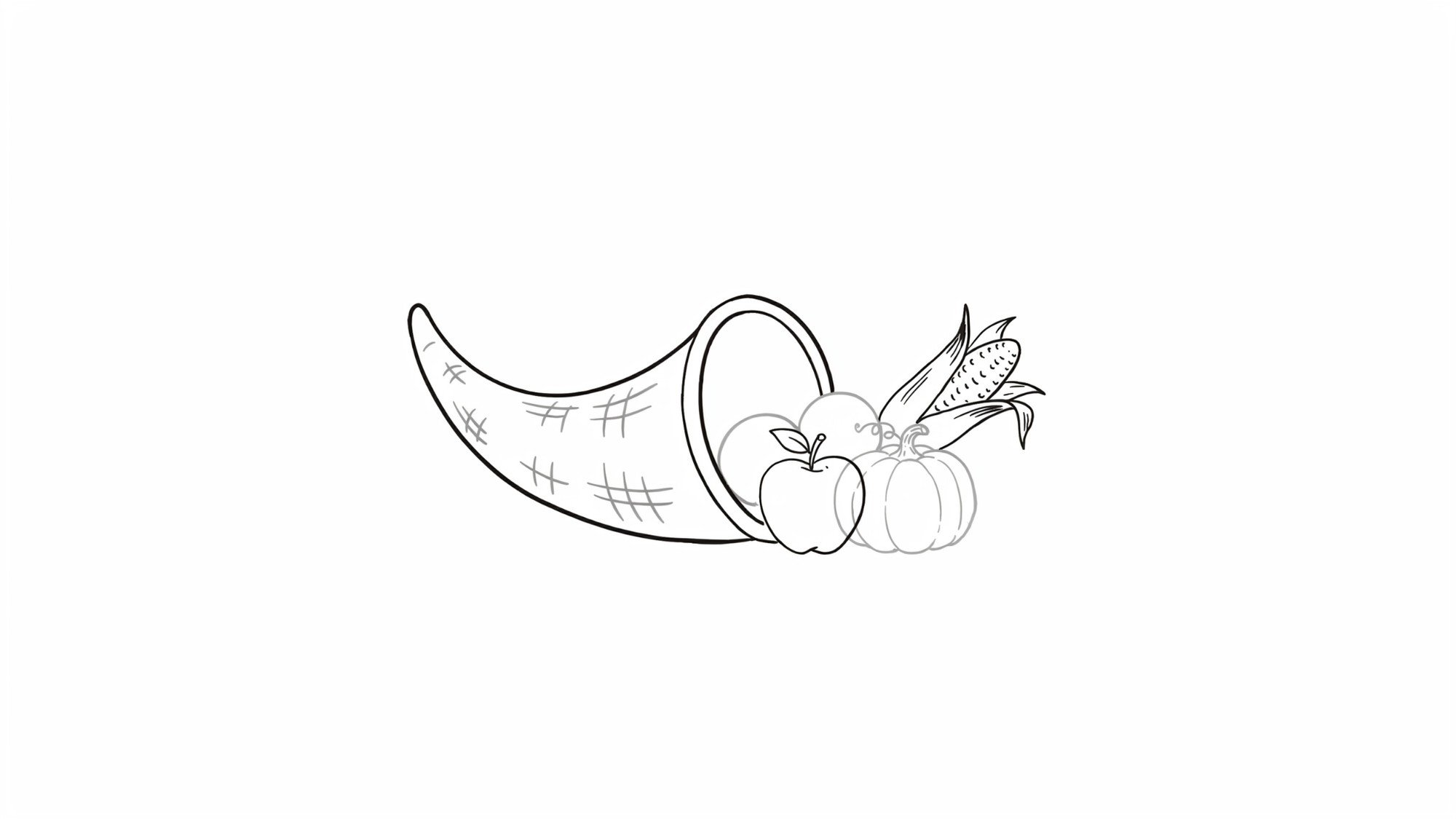 Simple cornucopia outline drawing featuring a clean horn-shaped basket with basic harvest items in black line art.