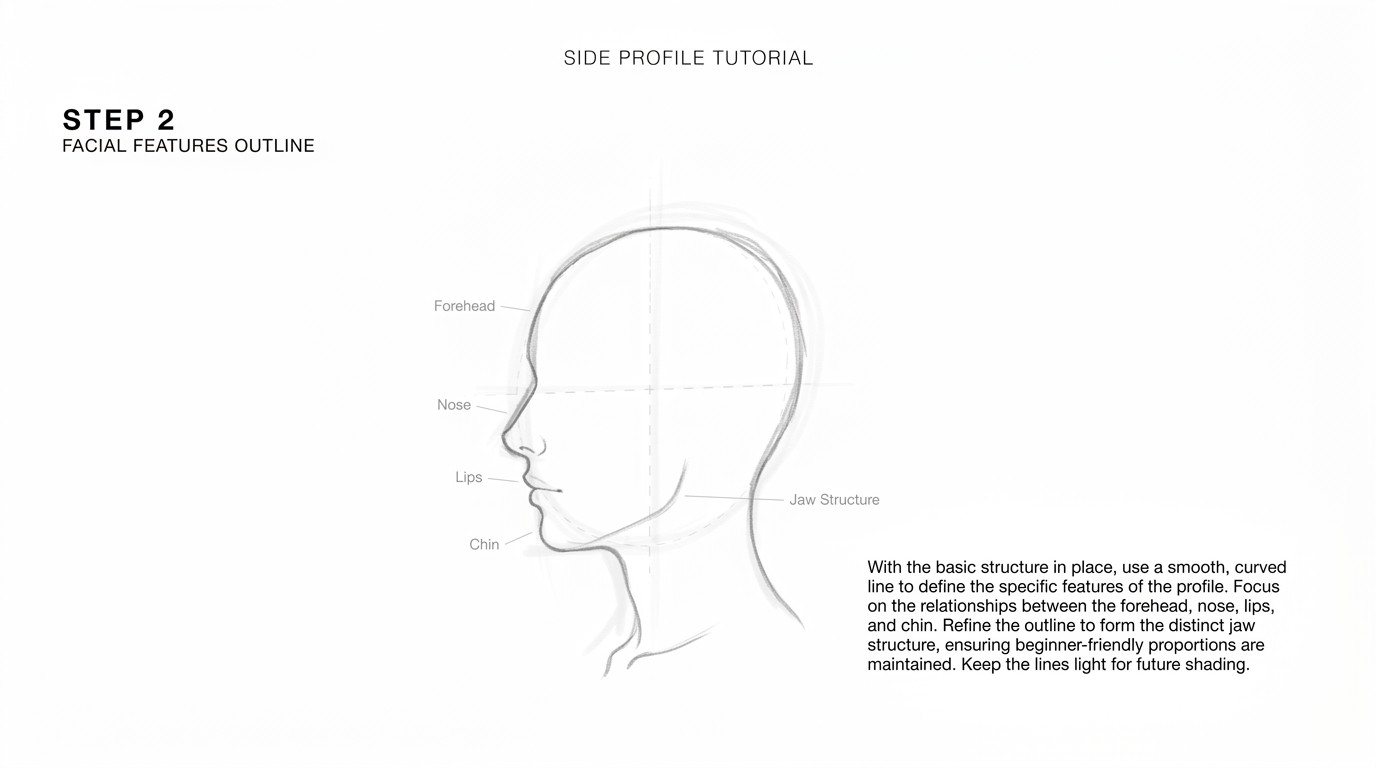 A side profile sketch showing forehead, nose, lips, and chin outline forming face shape.