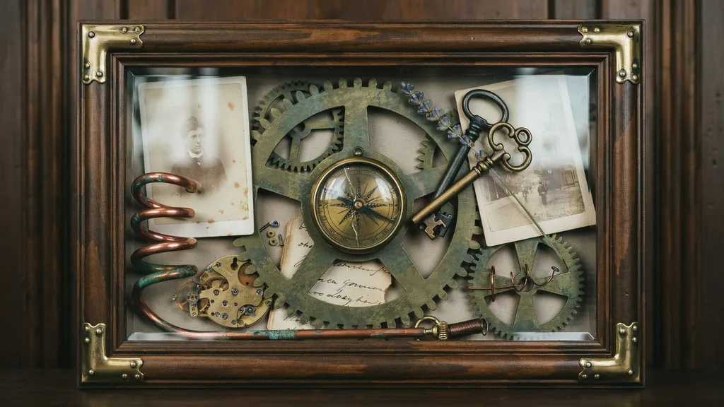 Steampunk shadow box with gears and vintage parts.