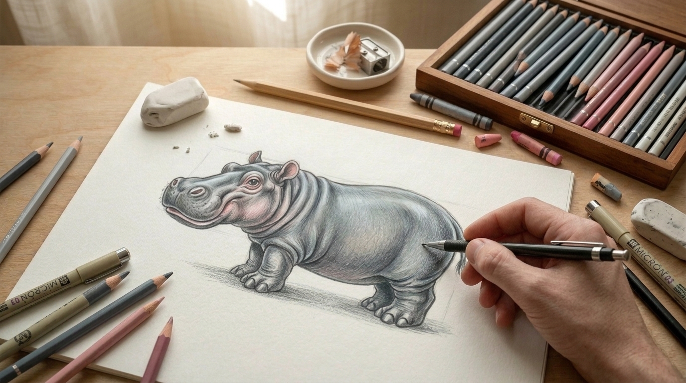 Completed hippo drawing colored with soft shading and realistic depth