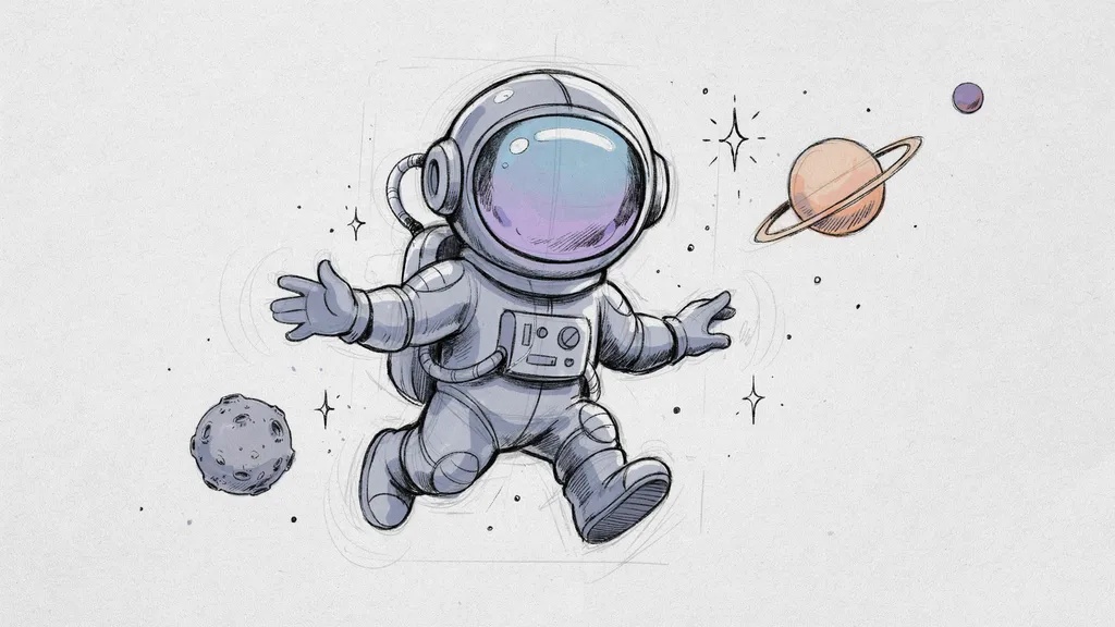 Realistic hand-drawn image of an astronaut, painted in shades of grey, purple and blue.