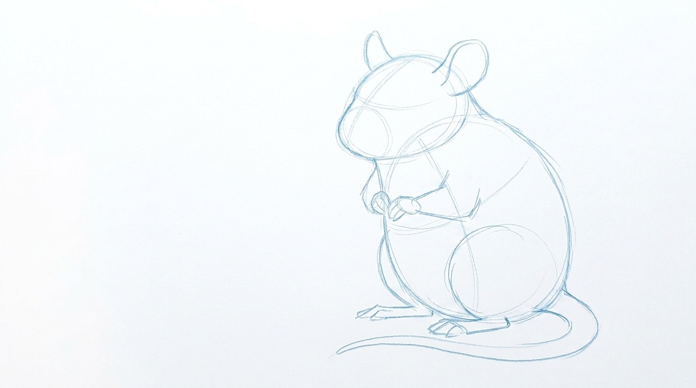 Drawing the basic body and head shapes for an easy rat sketch.
